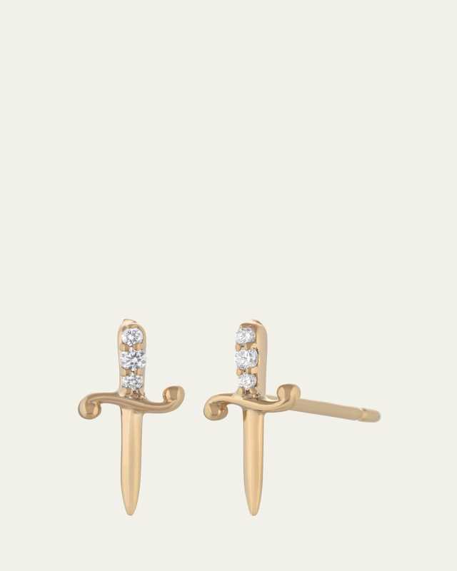 14K Yellow Gold Dagger Stud Earrings with Diamonds